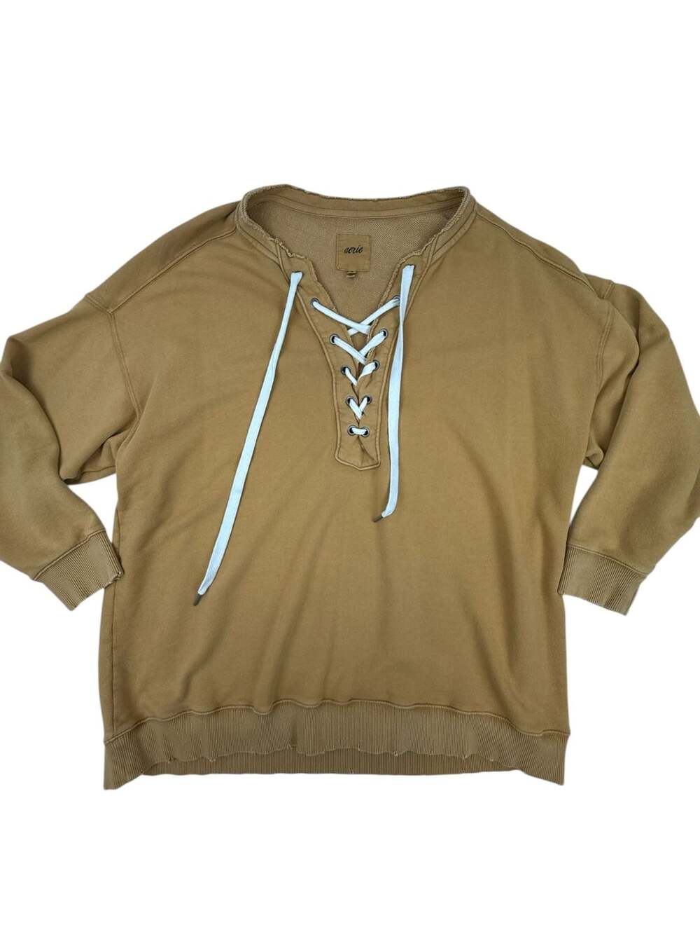 Aerie Mustard Yellow Lace-Up V-Neck Oversized Distressed Sweatshirt Size XL
